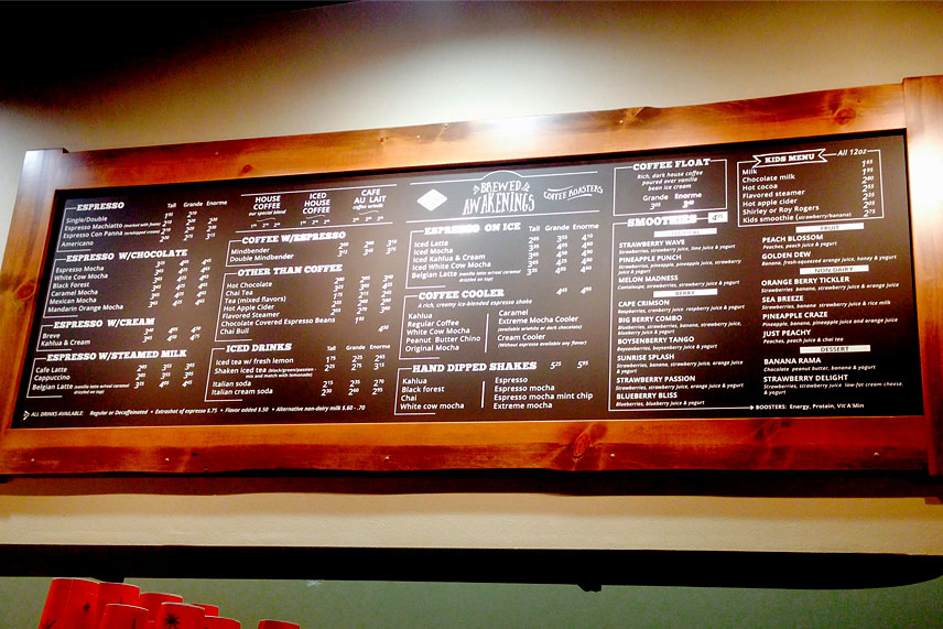 sunriver, oregon coffee shop menu
